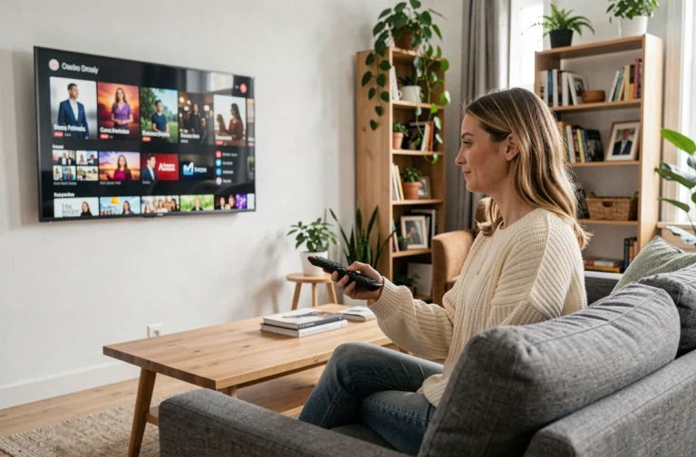 Femme consultante les options d'abonnement Netflix sur sa télévision dans un salon moderne et cosy