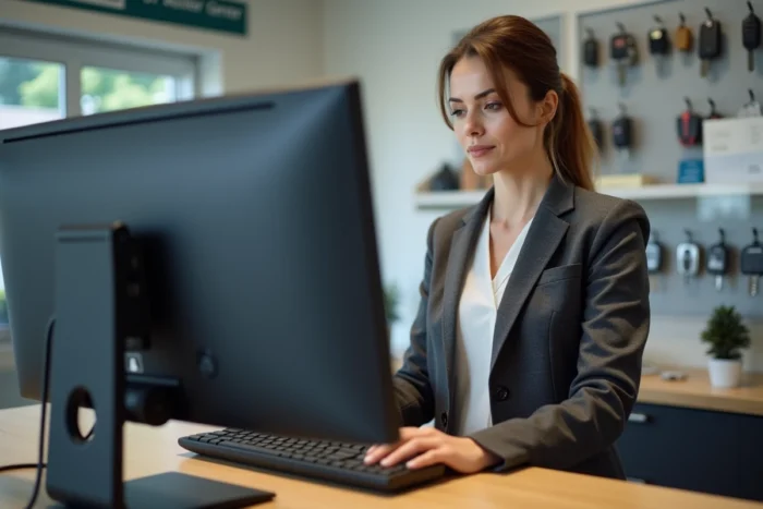 Employée d'un centre Securitest accédant à l'espace en ligne affilié depuis un ordinateur de bureau à l'accueil
