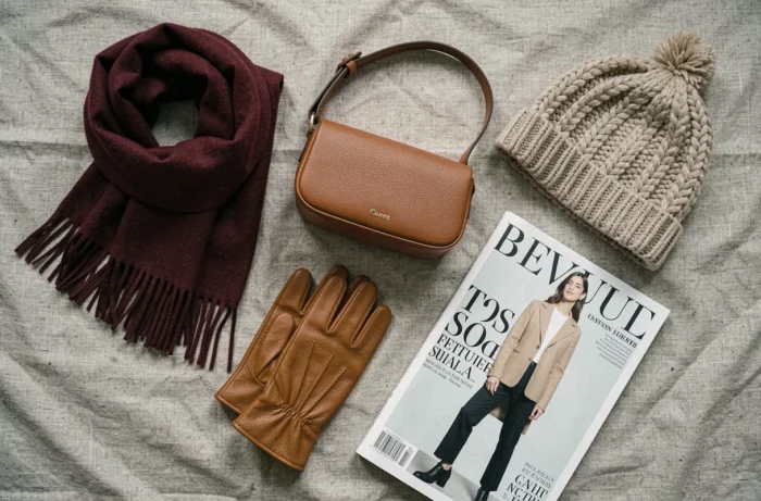 Pose à plat d'accessoires de mode automnaux — écharpe cachemire, gants cuir, sac structuré et bonnet en maille — sur fond de lin texturé