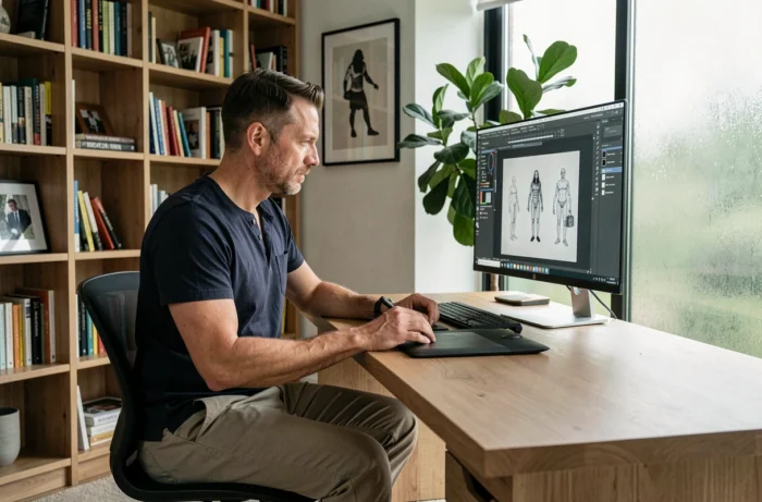 Homme concentré sur une activité créative numérique à son bureau avec une tablette graphique et un grand écran