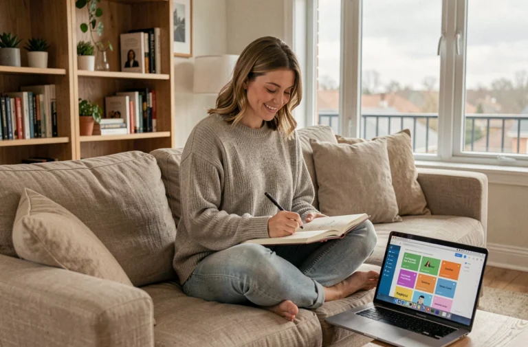 Femme en train d'apprendre en ligne confortablement installée sur un canapé avec un carnet et un ordinateur portable ouvert