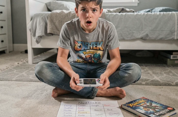 Adolescent jouant à une ROM Nuzlocke Pokémon en français sur Nintendo DS entouré de notes manuscrites de suivi