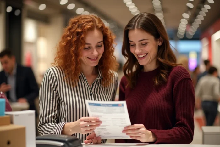 Deux amies analysant leurs avantages et points du programme fidélité Galeries Lafayette à la caisse