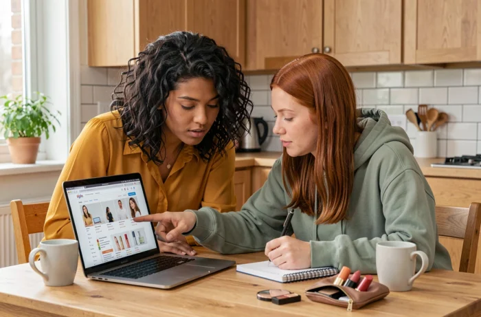 Deux femmes comparant des avis sur des produits de beauté en ligne sur un ordinateur portable dans une cuisine moderne