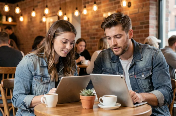 Deux amis découvrant des activités en ligne dans un café avec leurs tablettes et une ambiance urbaine détendue