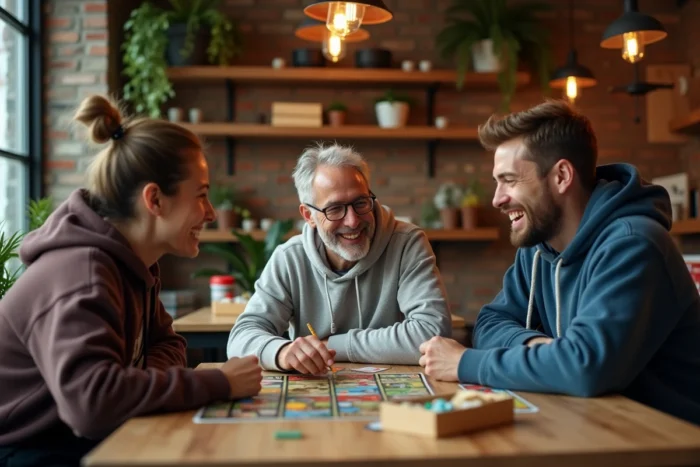 Groupe d'amis jouant à un jeu de société dans un café de jeux de société convivial