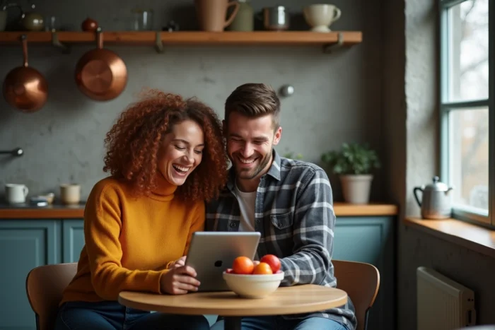 Deux amis regardant La Flamme en streaming sur une tablette dans une cuisine conviviale