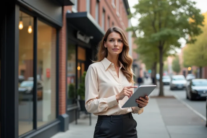 Femme d'affaires présentant un immeuble commercial avec des données financières sur tablette, illustrant l'analyse d'un investissement immobilier en structure OpCo PropCo
