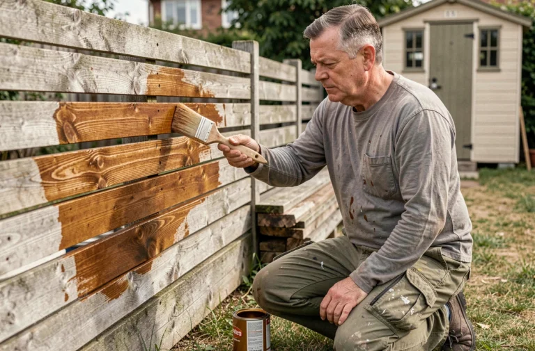 Homme appliquant de la lasure bois extérieur Lidl sur une clôture de jardin avec un pinceau plat