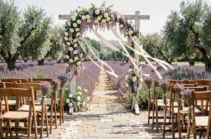 Arche de cérémonie de mariage en bois et fleurs blanches dans un jardin de lavande en Provence