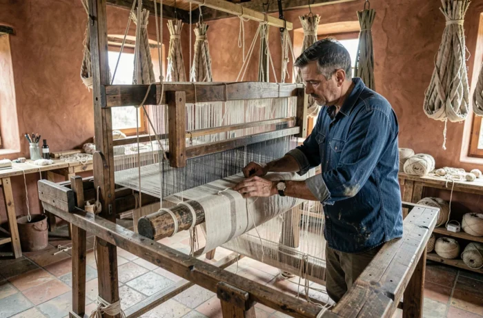 Artisan tisserand travaillant sur un métier à tisser traditionnel en bois dans un atelier rustique avec des fils de coton et de lin naturels
