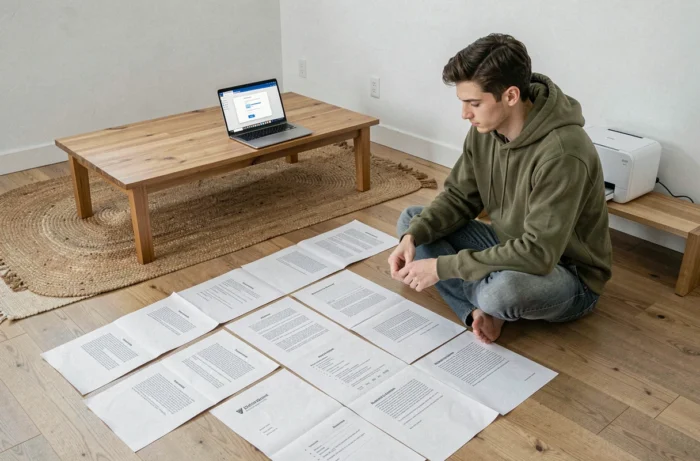 Jeune homme assemblant des pages imprimées d'un PDF en mosaïque sur le sol de son appartement avec un ordinateur portable