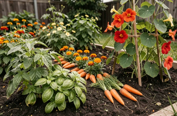 Association de cultures bénéfiques au potager avec des tomates, du basilic, des soucis et des capucines plantés ensemble pour éloigner naturellement les ravageurs et les maladies