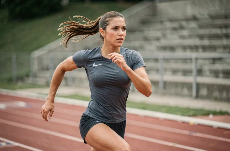 Athlète féminine en plein sprint sur une piste d'athlétisme, illustrant les tendances du sport au féminin