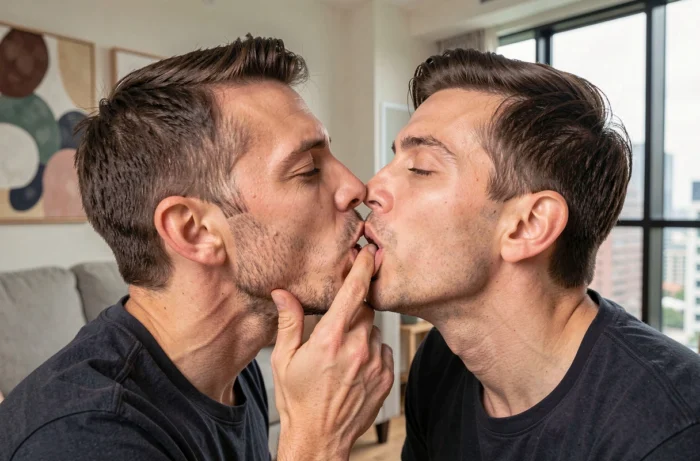 Una pareja intercambiando un beso succionado en el labio, gesto travieso e íntimo en una sala moderna