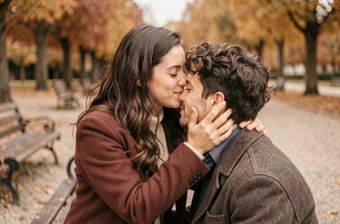 Una mujer depositando un beso en el cabello de su pareja sentada frente a ella en un banco del parque en otoño