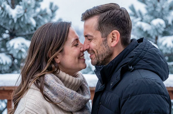 Una pareja intercambiando un beso esquimal en invierno, nariz contra nariz, sonriendo en el frío nevado