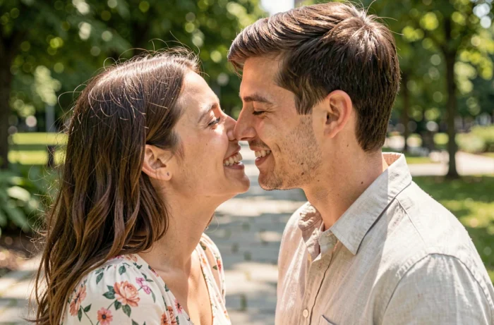 Una pareja dándose un beso mariposa, las pestañas rozando las mejillas del otro mientras ríen suavemente