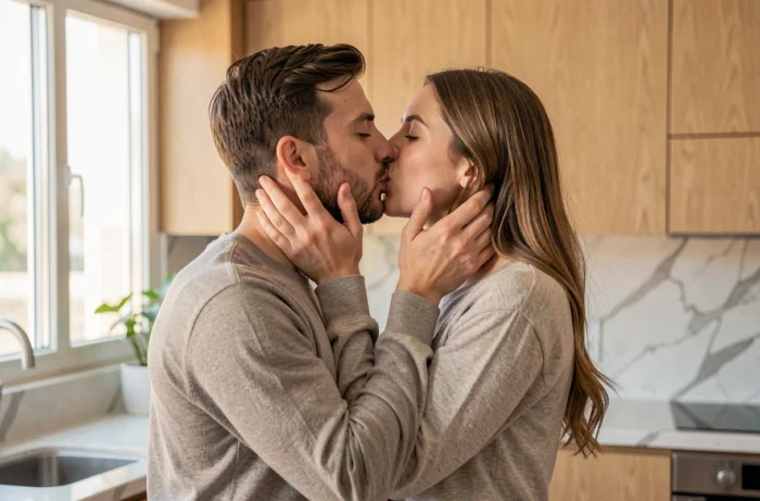 Una pareja intercambiando un beso de seis segundos en una cocina moderna, las manos en el rostro del otro