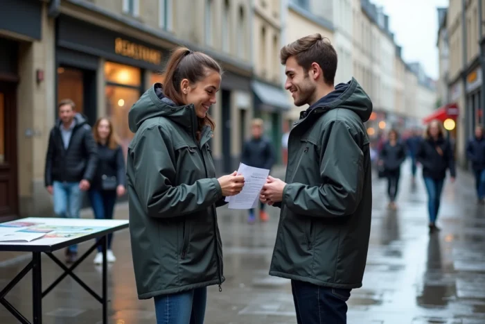 Deux bénévoles distribuant des tracts antinucléaires dans une rue piétonne de Rennes sous un ciel couvert
