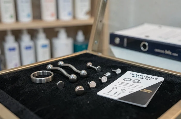 Sélection de bijoux corporels en titane implant-grade pour piercing exposés sur velours dans un studio spécialisé
