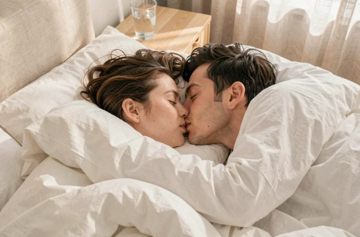 Una pareja besándose tiernamente al despertar, acostados bajo un edredón blanco en la luz de la mañana