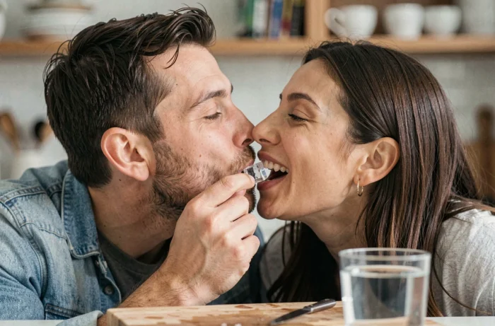 Una pareja jugando con un cubito de hielo durante un beso travieso en su cocina, expresiones sorprendidas y divertidas