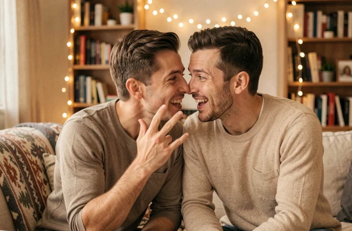 Una pareja haciendo una cuenta atrás con los dedos antes de un beso, sonrisas cómplices en una sala acogedora