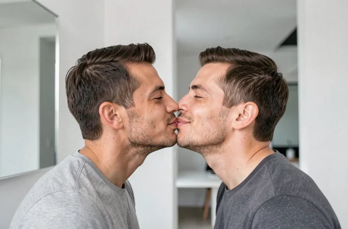 Una pareja dándose un beso espejo, perfectamente simétricos, en un apartamento minimalista moderno