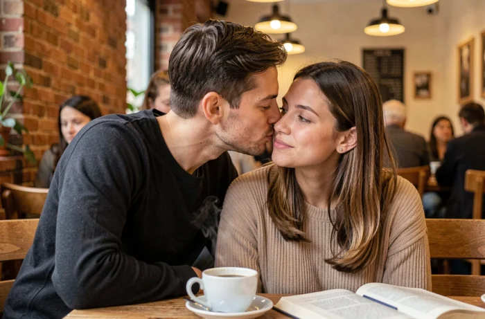 Un hombre susurrando un beso al oído de su pareja en un café acogedor y cálido
