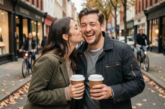 Una mujer besando espontáneamente a su pareja en la mejilla en plena calle, sorprendiendo con cafés en la mano
