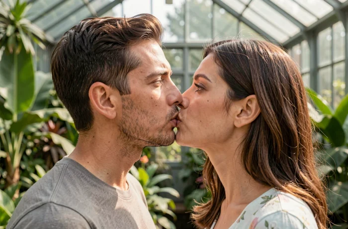 Una pareja besándose con los ojos bien abiertos, miradas fijas el uno en el otro en un invernadero botánico exuberante
