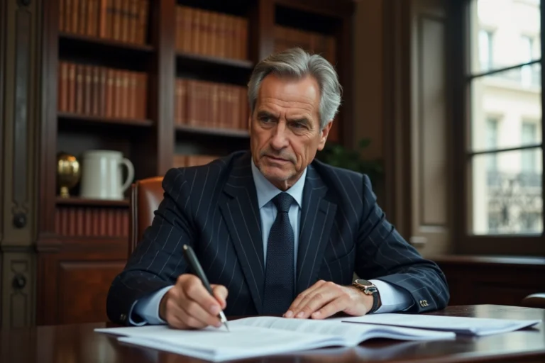 Cadre supérieur français en fin de carrière consultant ses documents de retraite dans un bureau parisien élégant