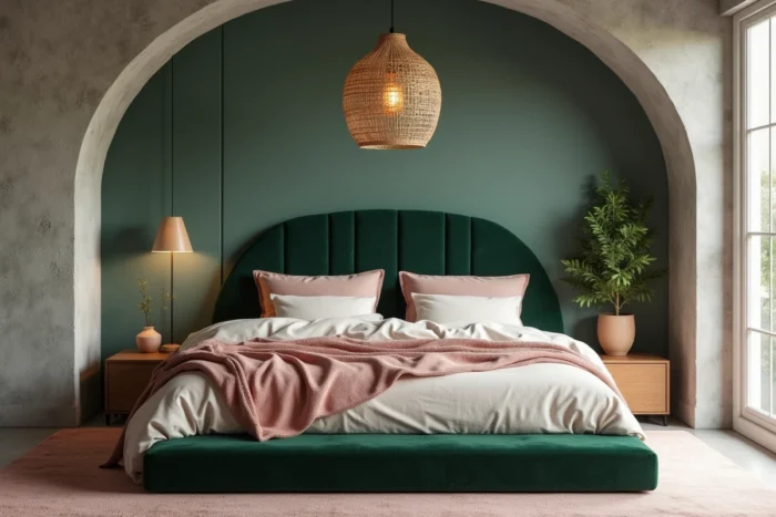 Chambre cosy aux tendances déco 2024 avec tête de lit en velours vert forêt, literie en lin lavé rose poudré et lampe en rotin
