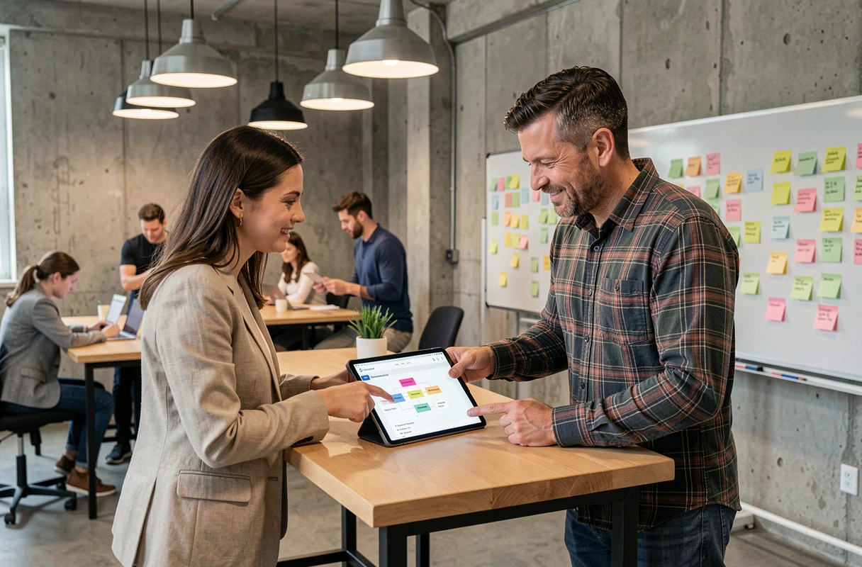 Deux collègues analysant ensemble le plan du site cBusiness sur une tablette dans un espace de coworking