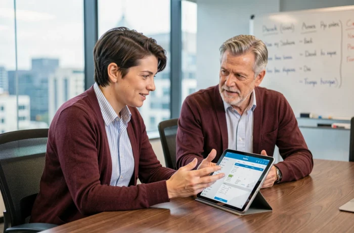 Zwei Kollegen, die ihr kollaboratives Zimbra-Postfach auf einem Tablet im Besprechungsraum abrufen