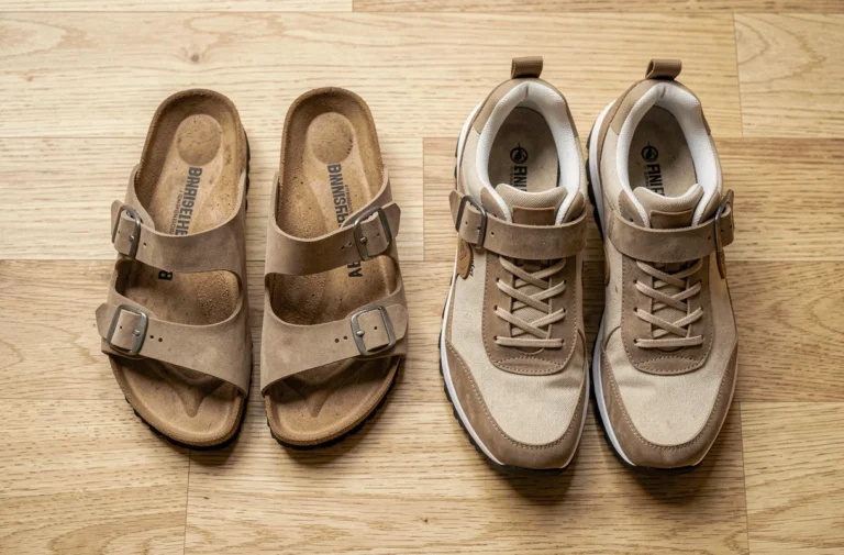 Comparaison entre des sandales Birkenstock et des sneakers Billowy posées côte à côte sur un parquet en chêne clair