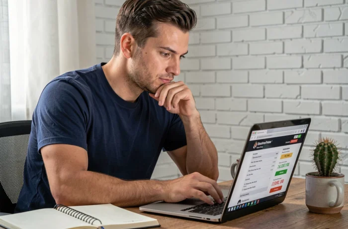Homme comparant les prix des abonnements Netflix sur son ordinateur portable dans un bureau à domicile