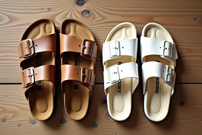 Comparaison vue du dessus entre des sandales type Birkenstock à semelle liège et des sandales orthopédiques rembourrées type Scholl sur parquet en bois