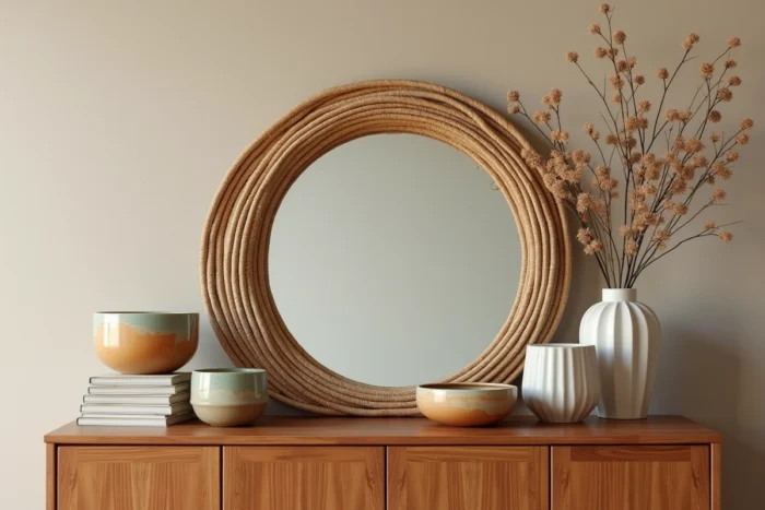 Composition décorative tendance 2024 sur un buffet en bois avec céramiques artisanales, miroir en rotin et vase en grès flûté