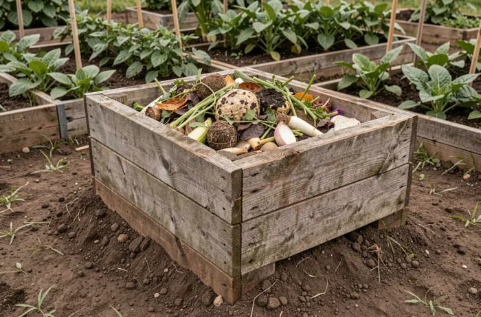 Composteur de surface en bois brut installé au coeur du potager, rempli de déchets verts et de matières organiques en cours de décomposition pour enrichir directement le sol environnant