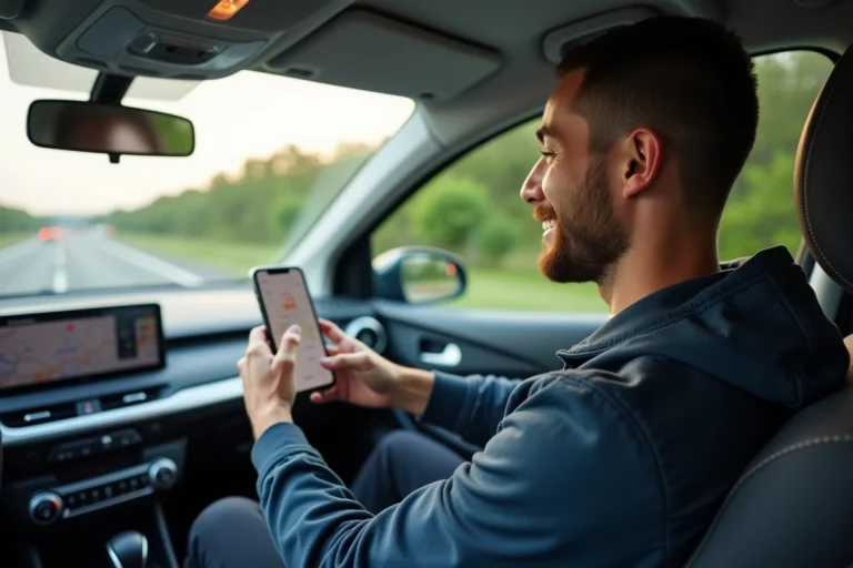 Conducteur Blablacar vérifiant l'application de covoiturage sur son smartphone monté sur le tableau de bord pendant un trajet autoroutier