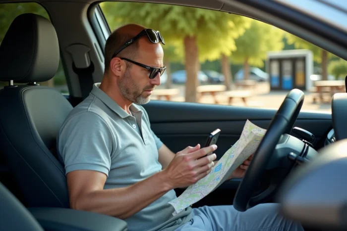 Homme consultant une application GPS pour autoroutes françaises assis dans son SUV à une aire de repos en France