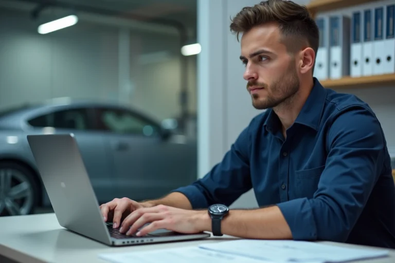 Technicien de contrôle technique connecté à l'espace affilié Securitest sur un ordinateur portable dans un bureau professionnel
