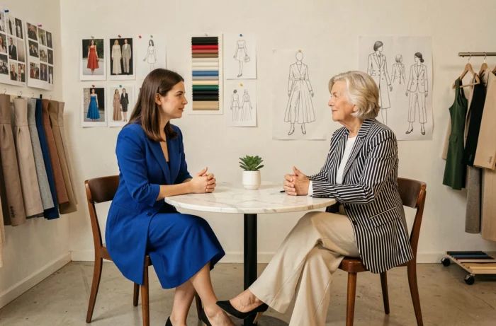 Deux femmes discutant des tendances mode saisonnières dans un atelier créatif entouré de planches d'inspiration et de tissus