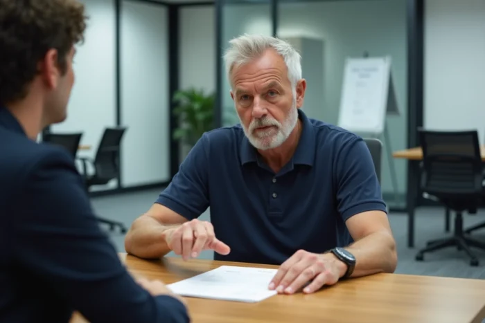 Homme consultant un conseiller immobilier IAD pour discuter des démarches de rupture de contrat dans un bureau professionnel
