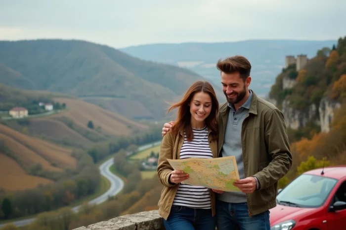 Couple étudiant une carte touristique à un belvédère avec vue sur une route panoramique dans la vallée française