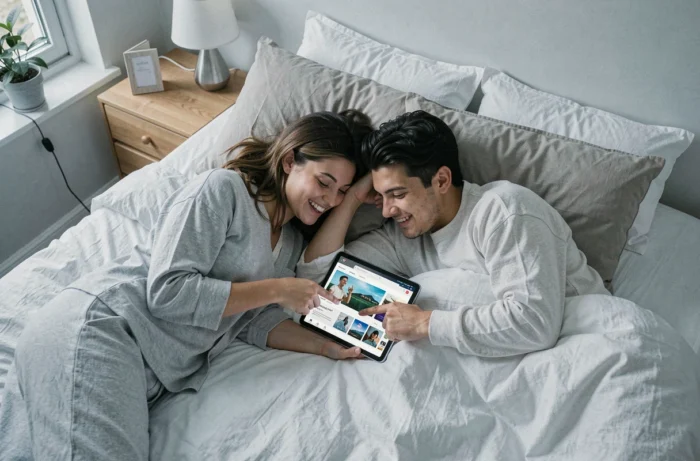 Couple choisissant ensemble un abonnement Netflix sur une tablette dans leur chambre à coucher