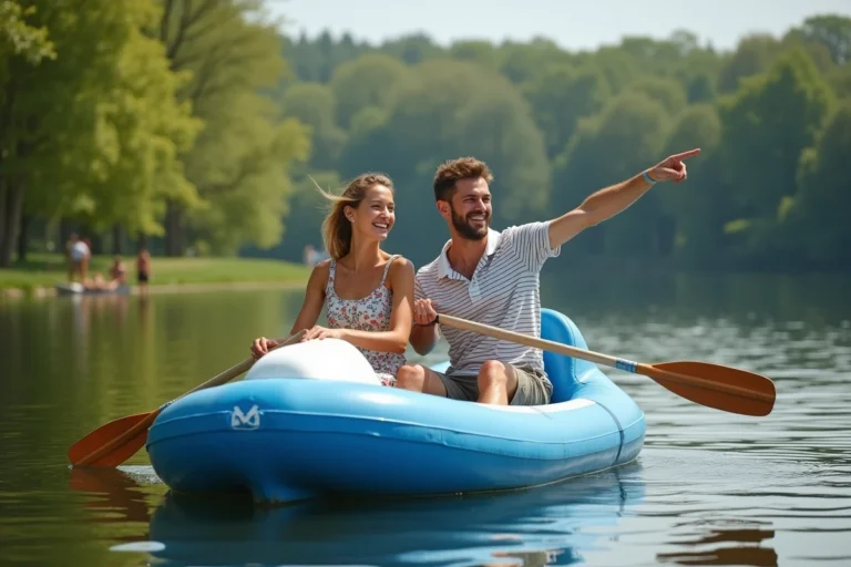 Couple faisant du pédalo sur un lac paisible en région parisienne entouré de forêts verdoyantes