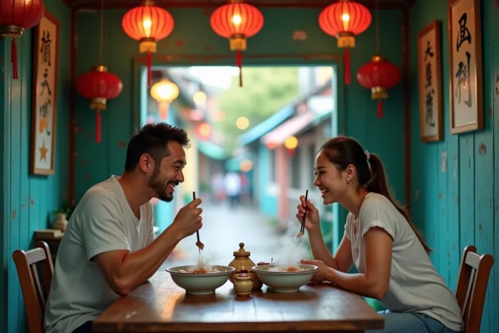 Couple savourant un repas de rue traditionnel dans une échoppe à Hoi An au Vietnam